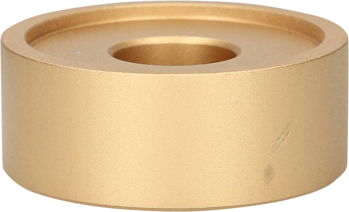 Ein bronzefarbenes, zylinderförmiges Metallstück mit einer zentralen Bohrung.