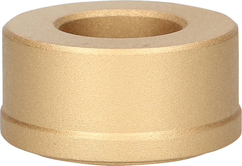 Ein goldener, zylindrischer Metallring mit einem Loch in der Mitte. Wird oft als Buchse oder Abstandshalter verwendet.