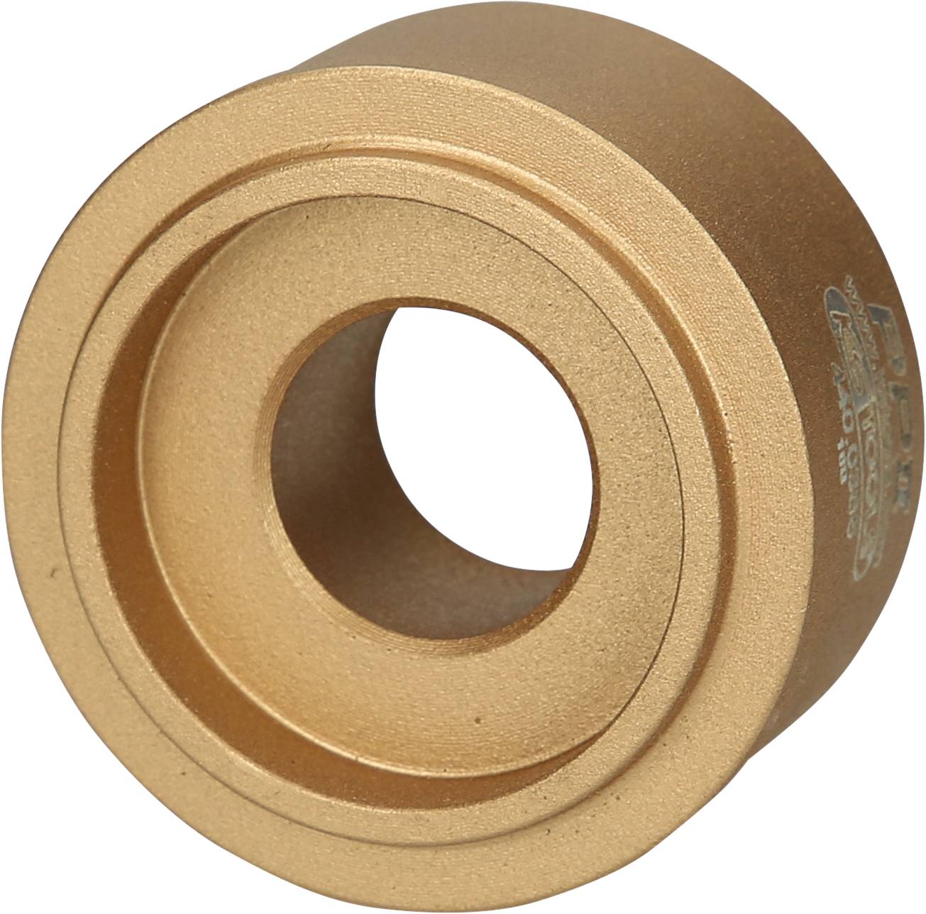 Runde, goldene Metallbuchse mit zylindrischem Hohlraum, verwendet als mechanisches Teil oder Verbindungselement in Konstruktionen.