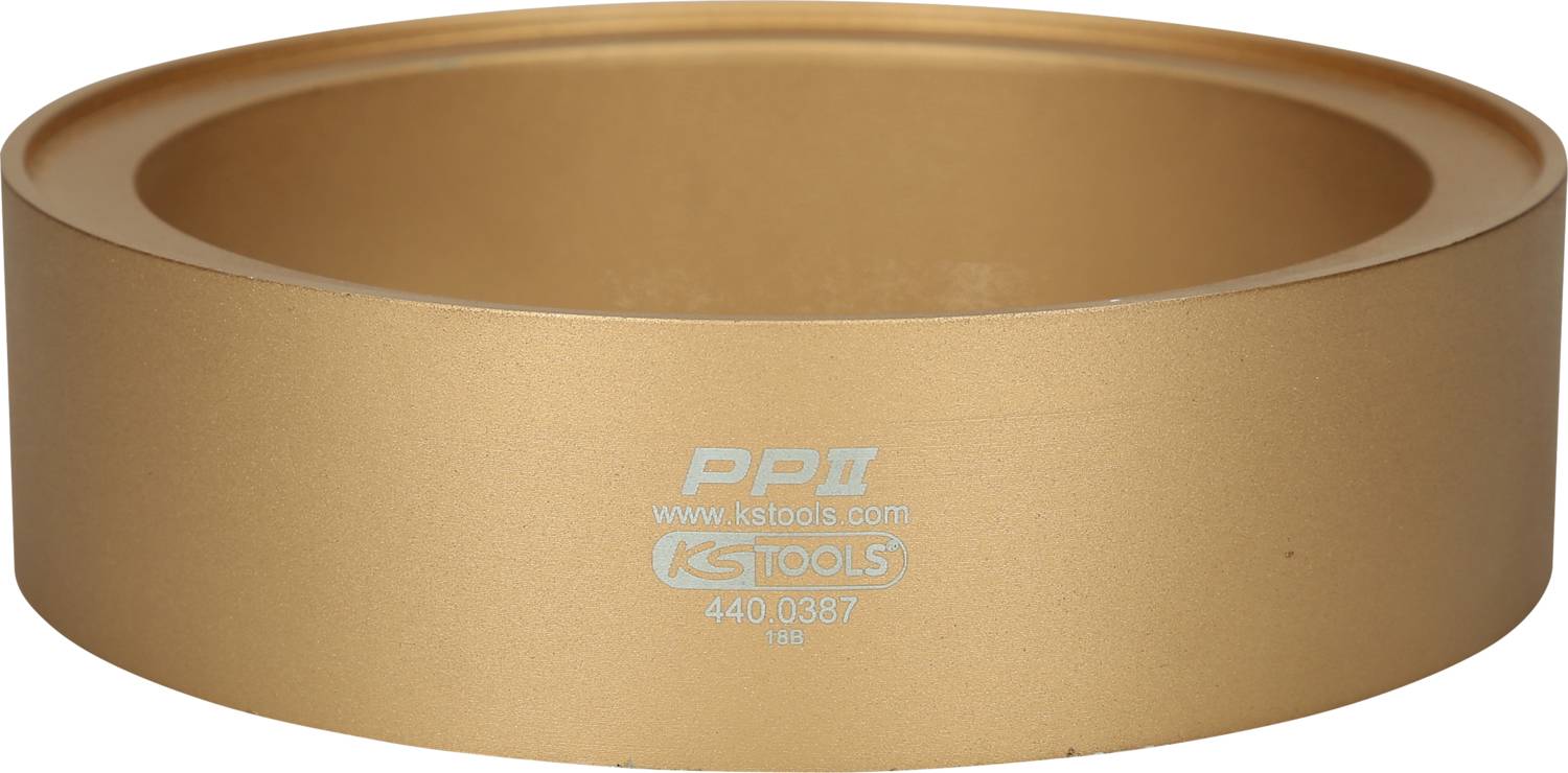 Goldener Metallring mit der Aufschrift 'PPI, www.kstools.com, KS TOOLS 440.0387'. Dient zur Befestigung oder Unterstützung in mechanischen Anwendungen.