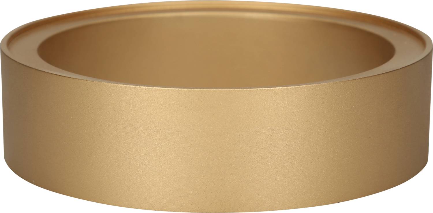 Ein runder, goldfarbener, flacher Behälterdeckel mit glatter Oberfläche.
