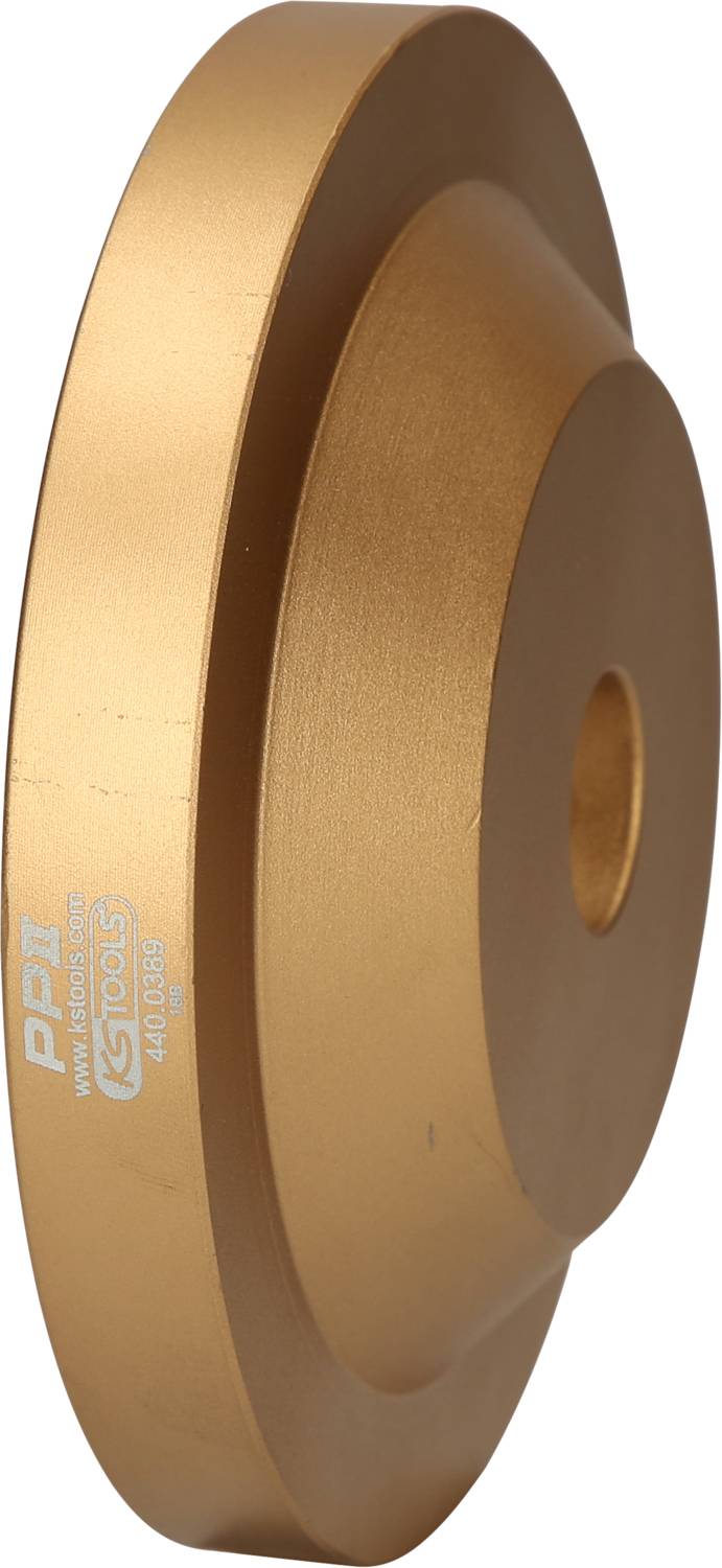Ein goldfarbenes, scheibenförmiges Werkzeug mit einer mittigen Ausfräsung, von der Marke KS Tools. Verwendet für spezifische Maschinen.