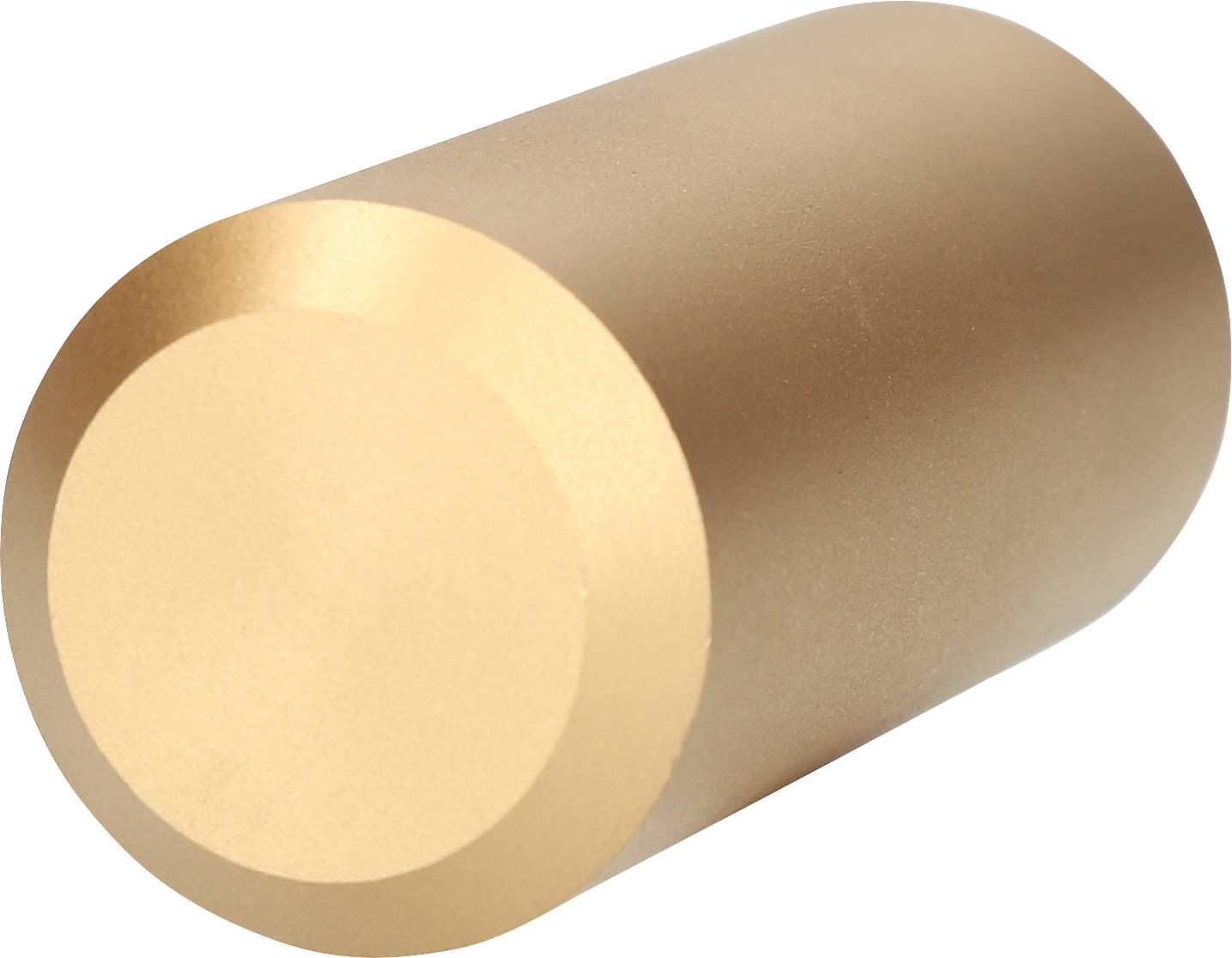 Ein zylindrisches Objekt aus goldenem Metall mit glänzender Oberfläche, liegend auf einer Seite.