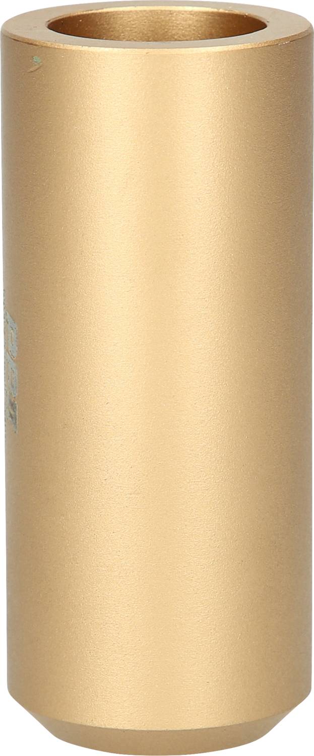 Zylindrisches, goldfarbenes Objekt mit glatter Oberfläche. könnte eine Art Metallgewinde oder Hülse sein, Details unklar.