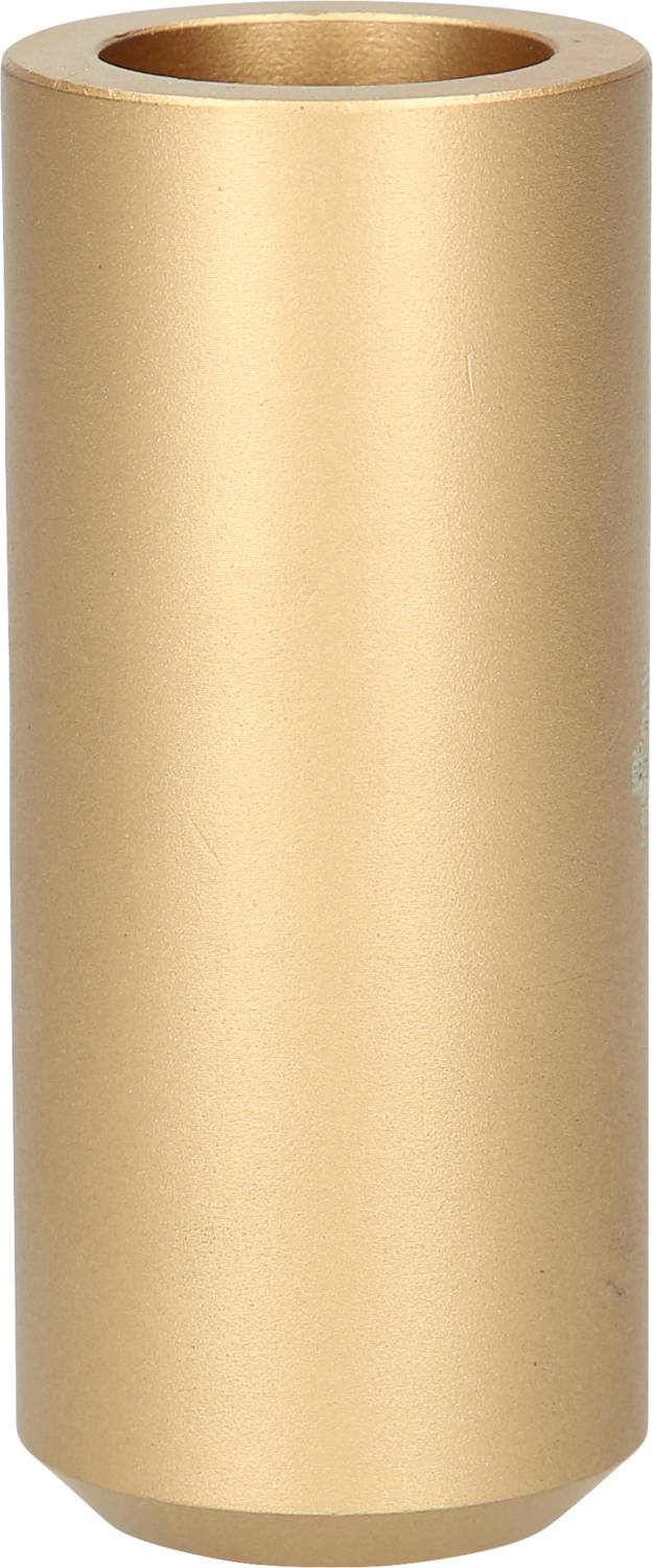 Ein zylindrisches, goldenes Rohr steht aufrecht. Es hat eine matte Oberfläche und wirkt stabil.