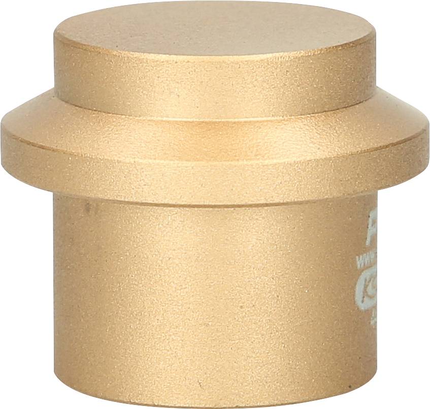 Ein goldener, zylinderförmiger Messingstopfen mit einem breiten Rand oben, verwendet zur Abdichtung von Rohren.