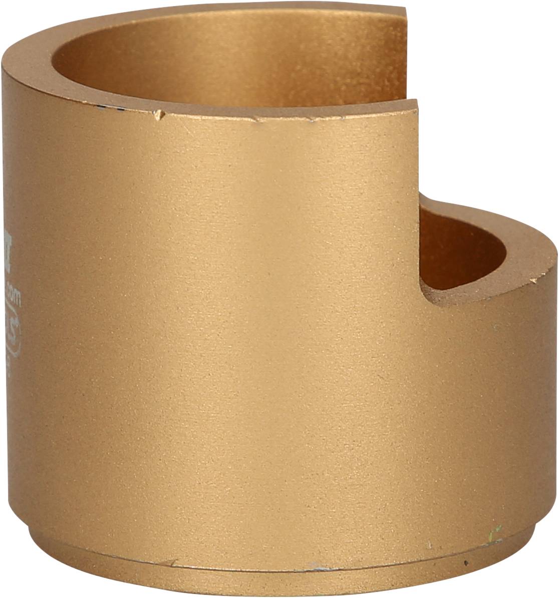Goldener, zylindrischer Halter mit einer U-förmigen Öffnung, die für Objekte geeignet ist. Verwendet für Montage oder Befestigung.