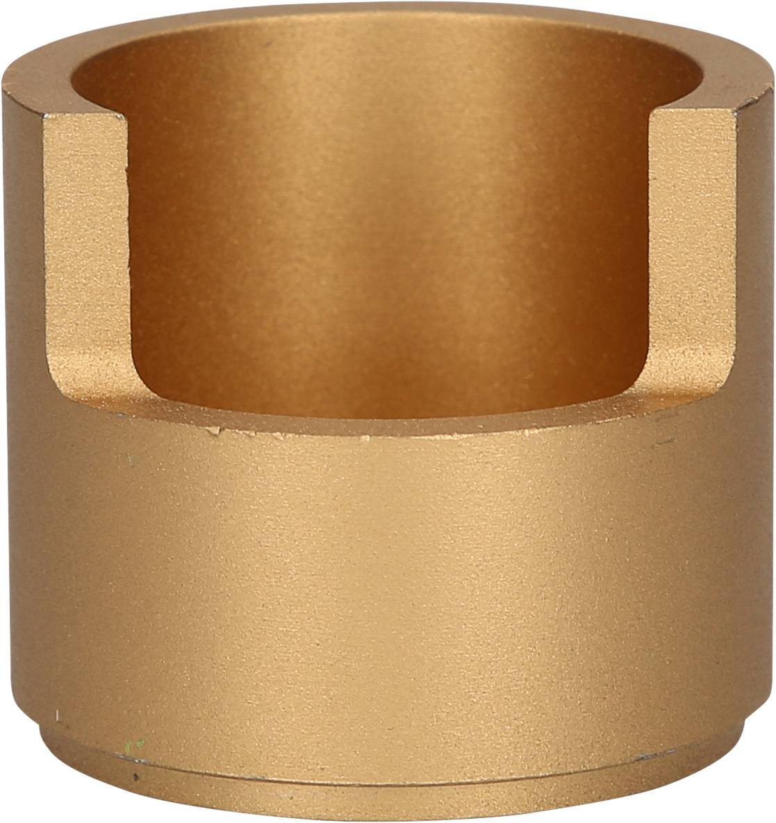 Ein bronzefarbener, zylindrischer Metallbehälter mit glatter Oberfläche und einem halbkreisförmigen Ausschnitt an der Oberkante.