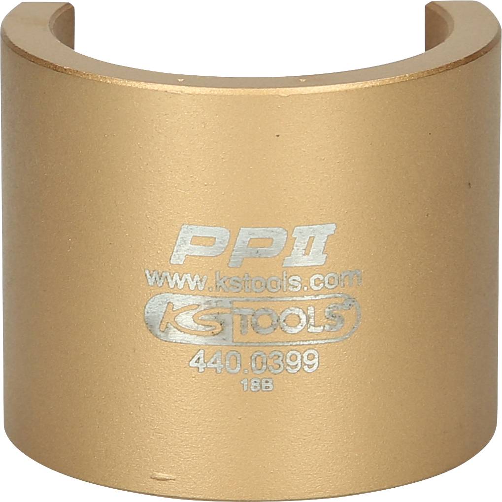 Goldener Zylinder mit der Aufschrift 'PP II KS Tools, 440.0399, 18B'. Werkzeugteil auf weißem Hintergrund.