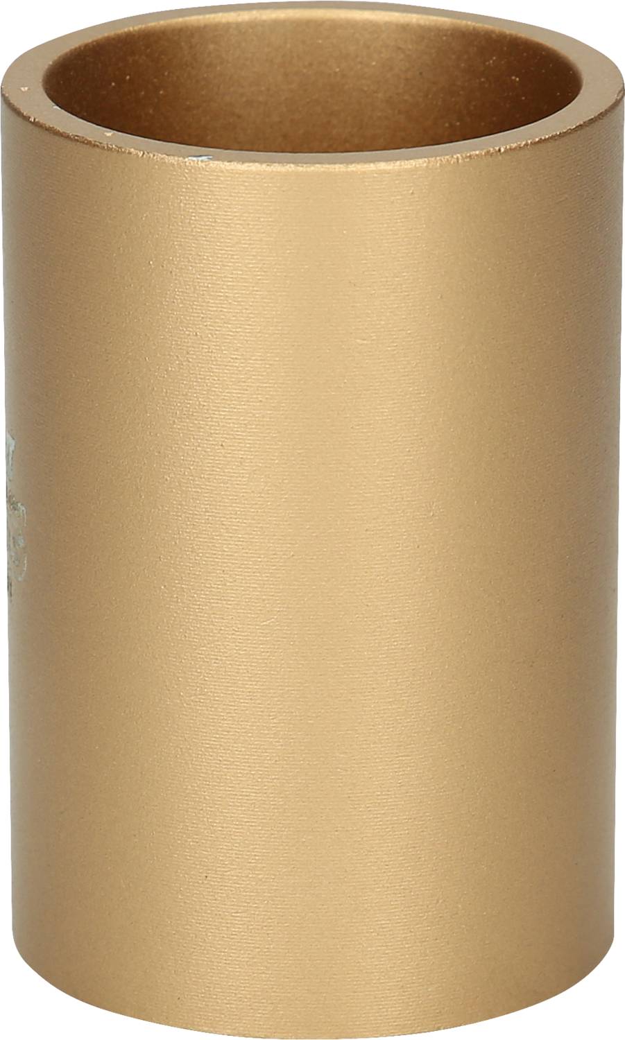 Ein zylindrisches Metallrohr mit bronzefarbener Oberfläche steht aufrecht.