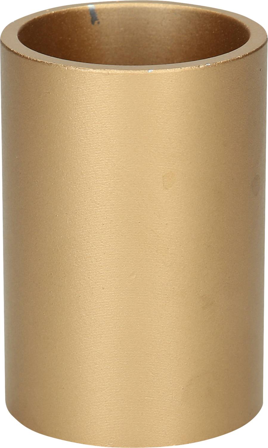 Ein zylindrischer, goldfarbener Metallbecher mit glatter Oberfläche.