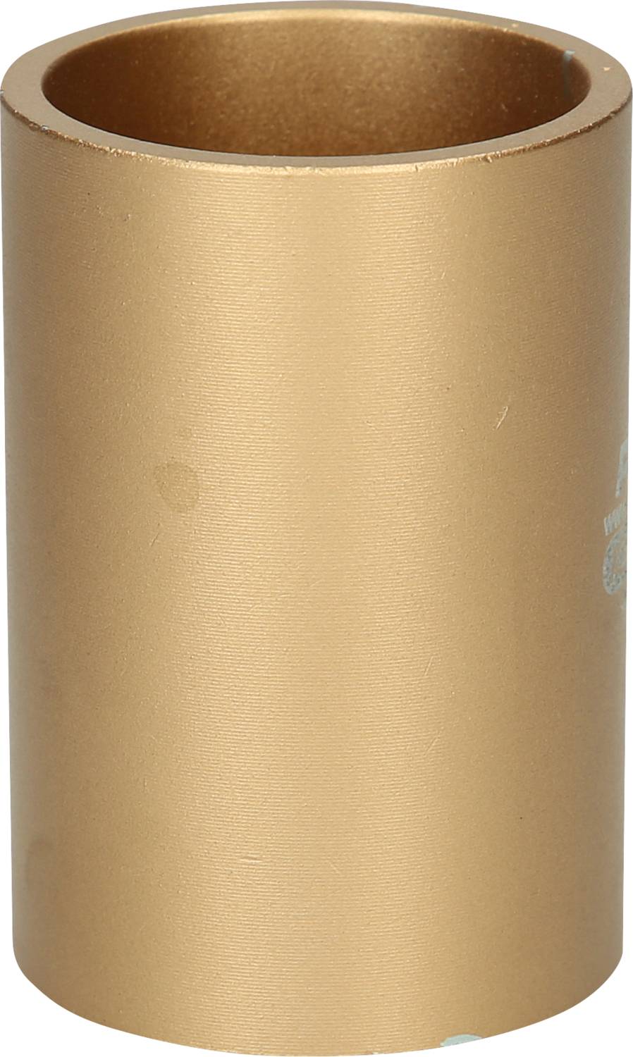 Ein zylindrisches, bronzefarbenes Metallstück in einem schlichten Design, möglicherweise als Teil eines größeren mechanischen oder technischen Geräts.
