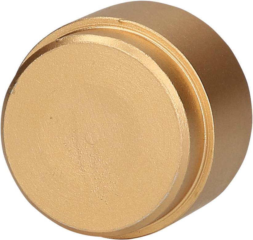 Goldfarbener runder Metallzylinder mit flacher Basis, vermutlich ein Verschluss oder eine Kappe.
