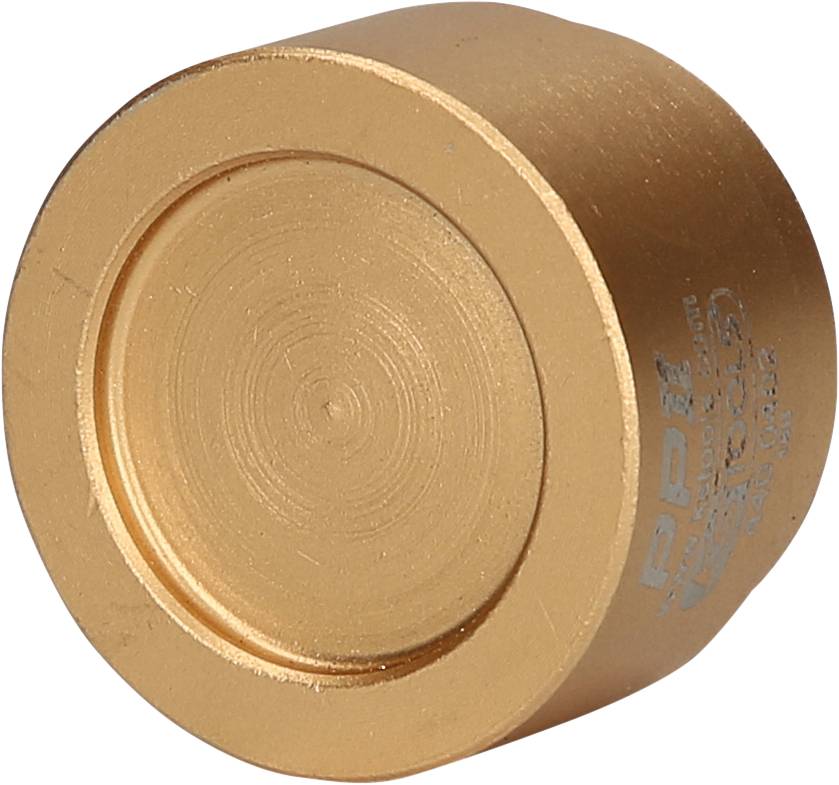 Runder, goldfarbener Metallzylinder mit glatter Oberfläche, möglicherweise ein Maschinenteil oder Werkzeugkomponente.