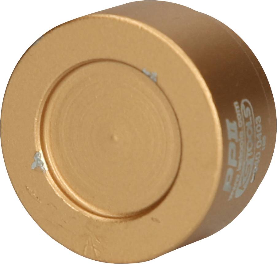 Beige zylindrisches Objekt mit einer glatten Oberfläche und einem aufgedruckten Logo an der Seite.