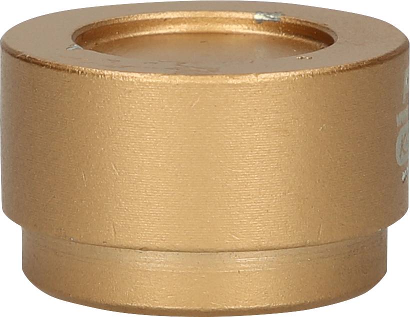 Ein kleines, rundes, goldfarbenes Metallteil mit einer flachen Oberfläche und leicht erhabenen Seiten, ähnlich einem kurzen Zylinder.