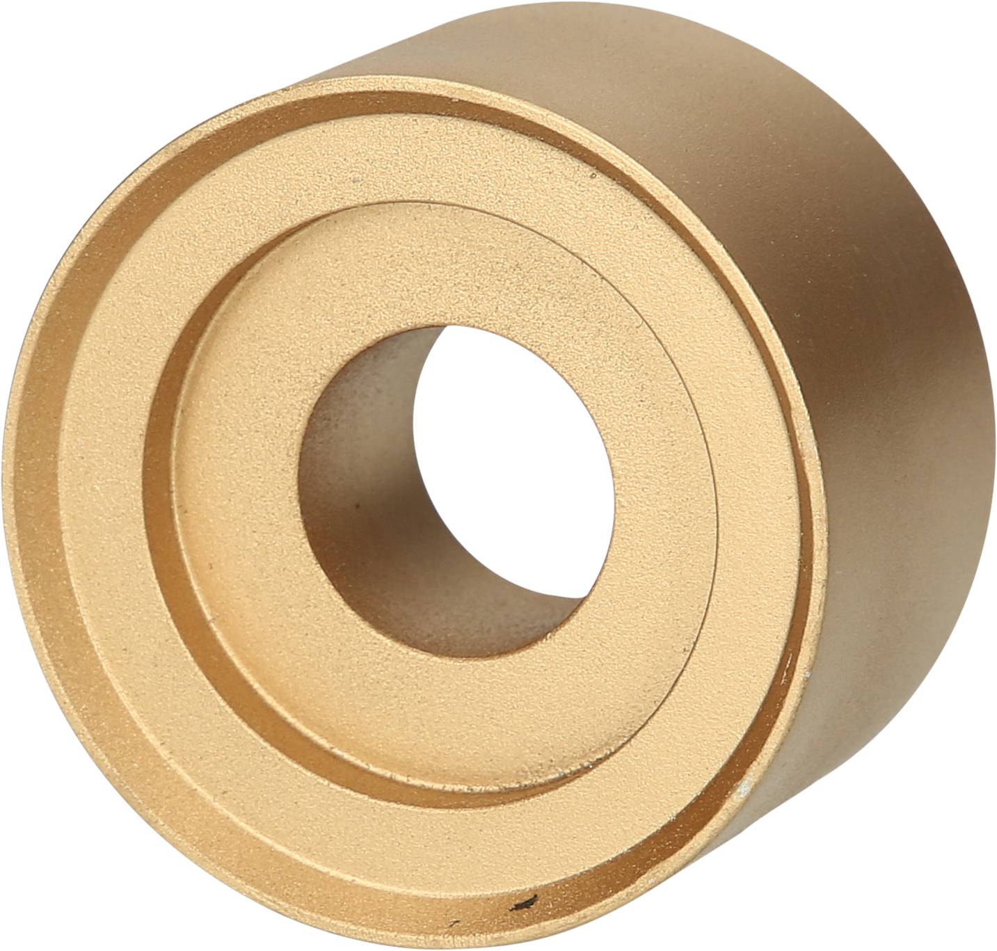 Ein bronzefarbenes Metalllager mit zylindrischer Form und zentralem Loch, oft in Maschinen oder Mechanismen verwendet.