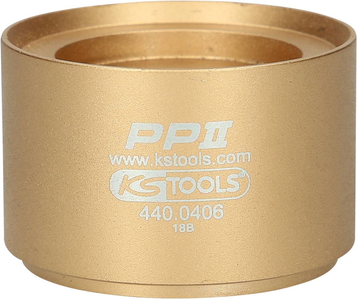 Das Bild zeigt einen zylindrischen, bronzefarbenen Metalladapter mit der Aufschrift 'PP II' und 'KS TOOLS 440.0406 18B'.