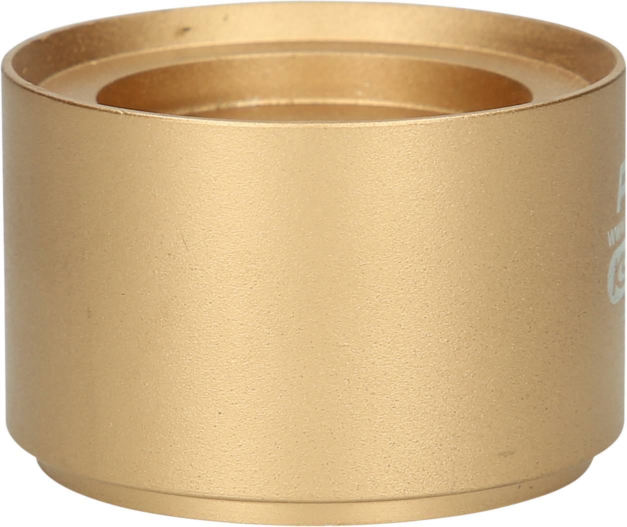 Ein goldener, zylindrischer Metallbehälter mit einer vertieften oberen Kante, möglicherweise ein Teil eines technischen oder dekorativen Sets.