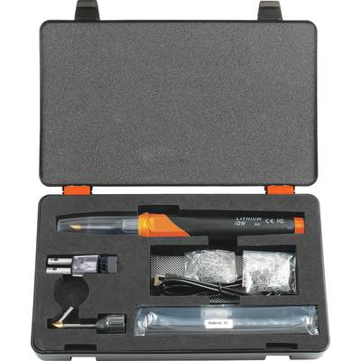 Lötkolben-Set in einem geöffneten Koffer. Enthält einen elektrischen Lötkolben, Zubehörteile und Netzteil in passgenauen Fächern.