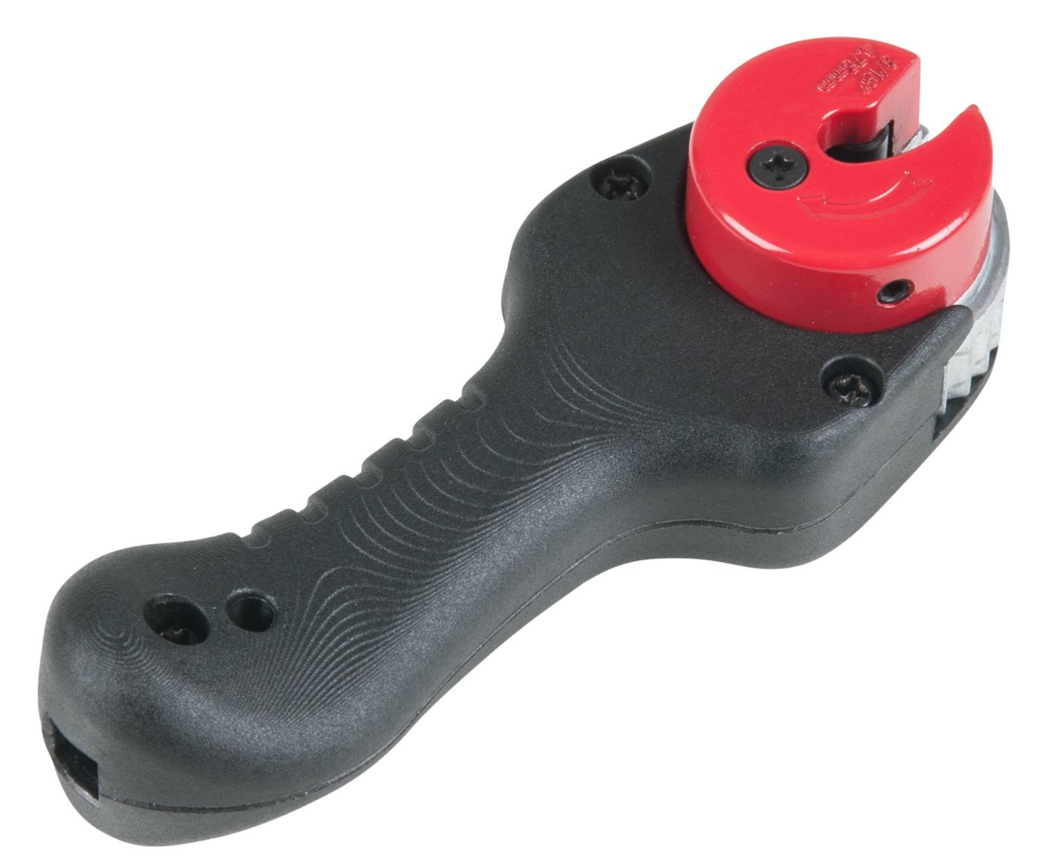 Ein Kabelabisolierwerkzeug mit ergonomischem, schwarzem Griff und rotem Abisolierkopf, geeignet für die Handhabung von Kabeln.