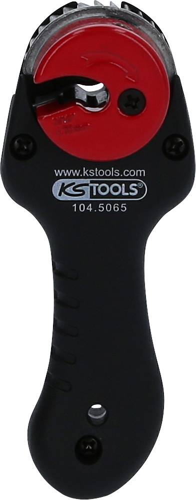 Schwarzes Handwerkzeug mit rotem Zahnrad im Kopf, geeignet für Präzisionsarbeiten. Marke 'KSTOOLS' und Modellnummer '104.5065' aufgedruckt.