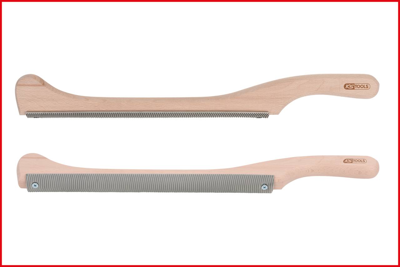Zwei Holzraspel mit langen Griffen, oben glatt, unten mit Metallzähnen zur Bearbeitung von Materialien. Geeignet für Holzarbeiten.