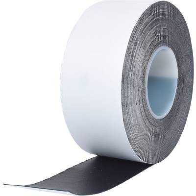 Eine Rolle schwarzes Klebeband mit aufgerolltem, weißem Schutzpapier.