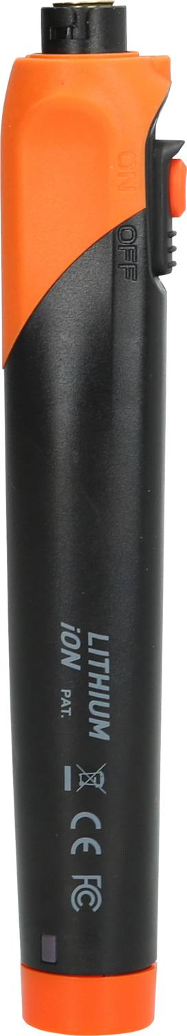 Ein elektrischer Schraubendreher in schwarz-orange mit einem Lithium-Ionen-Akku und CE-Zertifizierung.