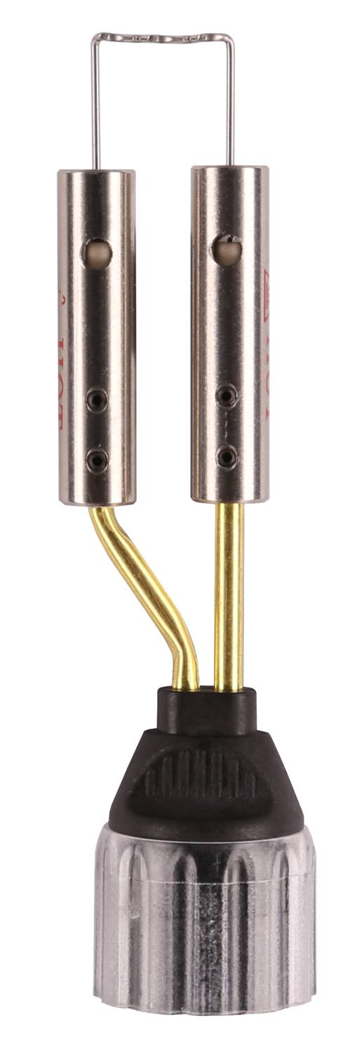 Ein silberfarbener Glühfadenbrenner mit zwei vertikalen Metallstäben und einem schwarzen Sockel.
