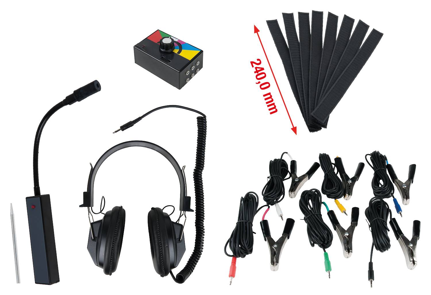 Kopfhörer mit Mikrofon, Multi-Taster-Steuergerät, Kabel mit Clip-Enden und Klettbänder (240 mm). Zubehör für Elektronikprojekte.