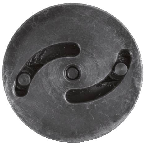 Ein schwarzer, runder Metallbehälterdeckel mit zwei Schlitzen und zwei Noppen sichtbar.