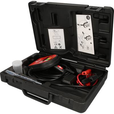 Ein schwarzer Koffer enthält ein elektronisches Fahrzeugdiagnosegerät mit Kabeln, Klemmen und einem kleinen Zubehörbehälter.