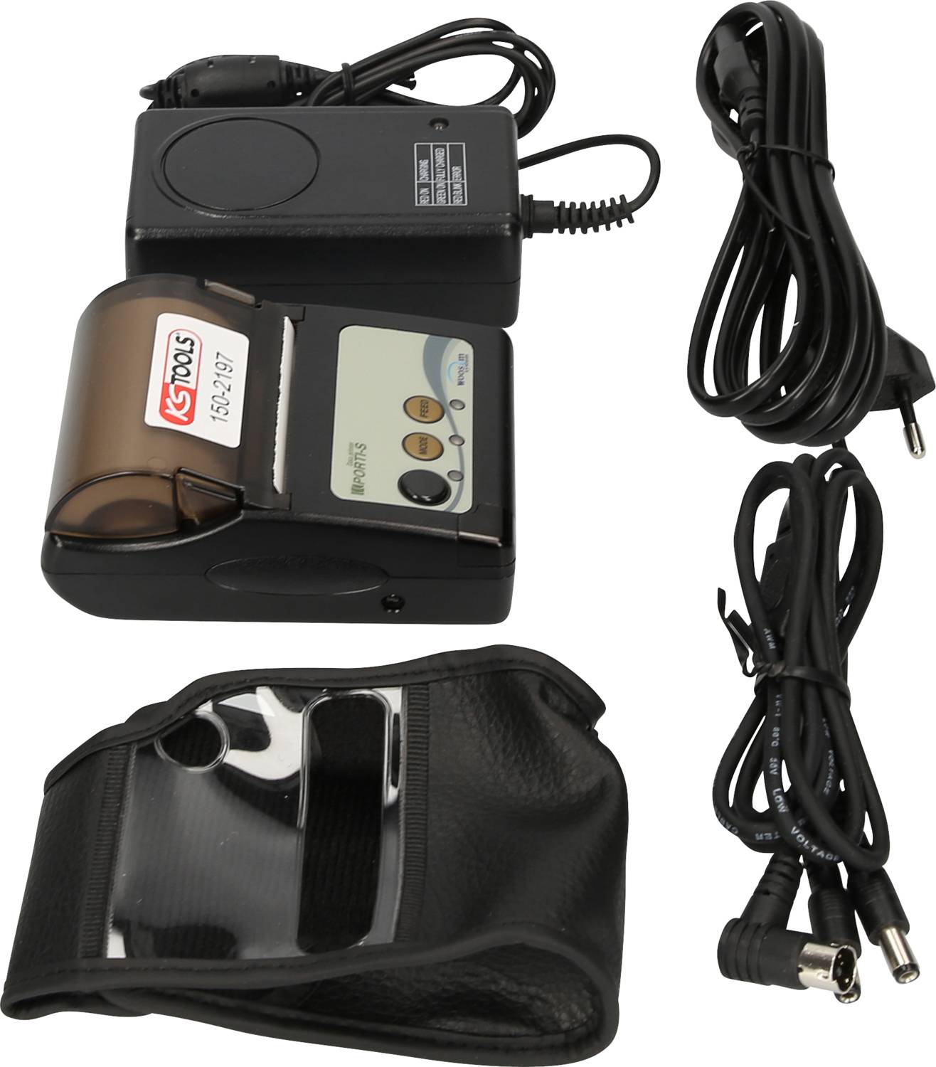 Ein tragbarer Drucker mit Ladegerät, Kabeln und einer Schutztasche. Der Drucker hat ein LC-Display und Bedienelemente.