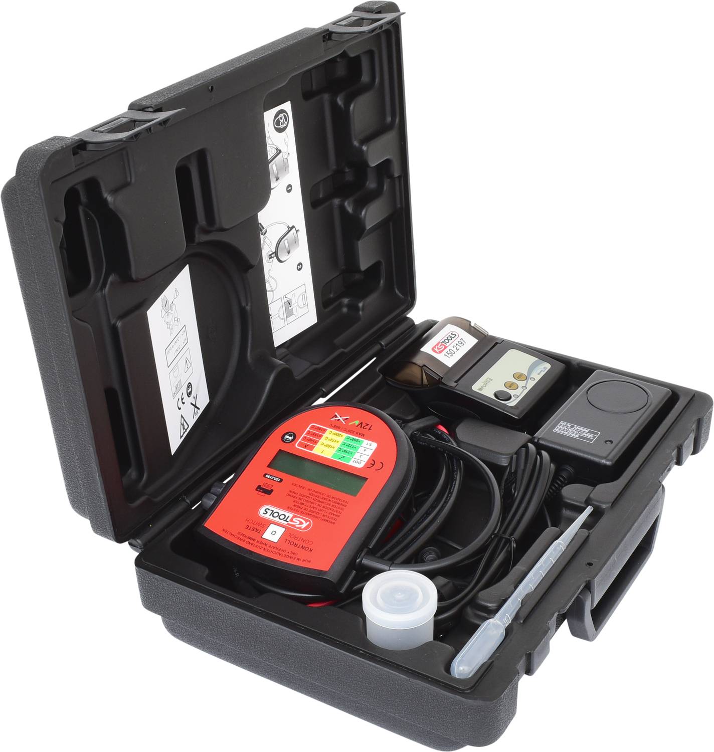 Tragbarer Koffer mit einem Elektroprüfgerät, Kabeln, Batterie und Zubehör zur elektrischen Prüfung und Fehlersuche.