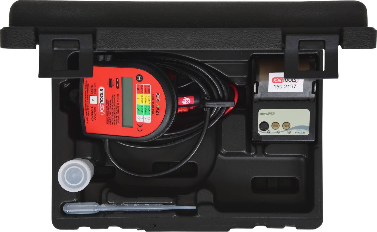 Werkzeugkoffer mit elektronischem Gerät, Bildschirmanzeige und Kabeln. Enthält eine Pipette und eine Bedienungsanleitung.