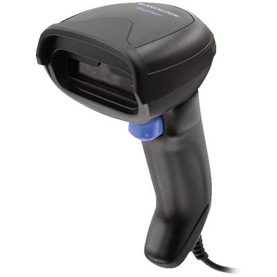 Ein schwarzer Handscanner mit einem blauen Knopf, verwendet zur Erfassung von Barcodes.
