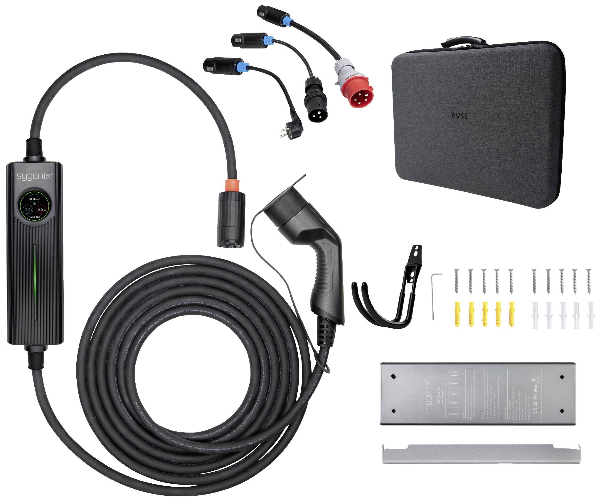 Ladekabelset für Elektrofahrzeuge mit diversen Adaptern, Wandhalterung, Schrauben, und Transporttasche.