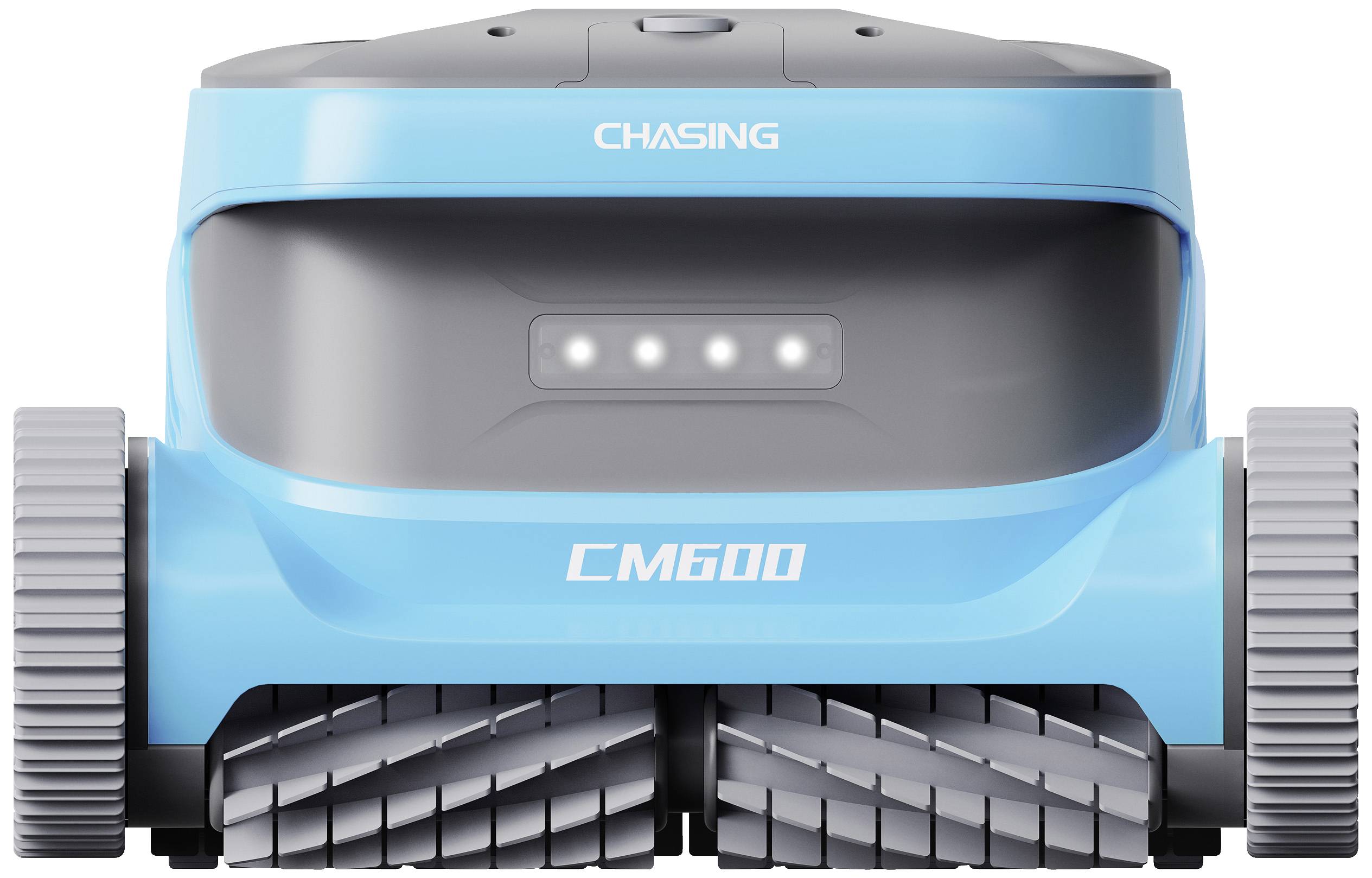 Ein blauer Poolroboter mit der Aufschrift 'CM600'. Er hat große Räder und Lampen an der Vorderseite.