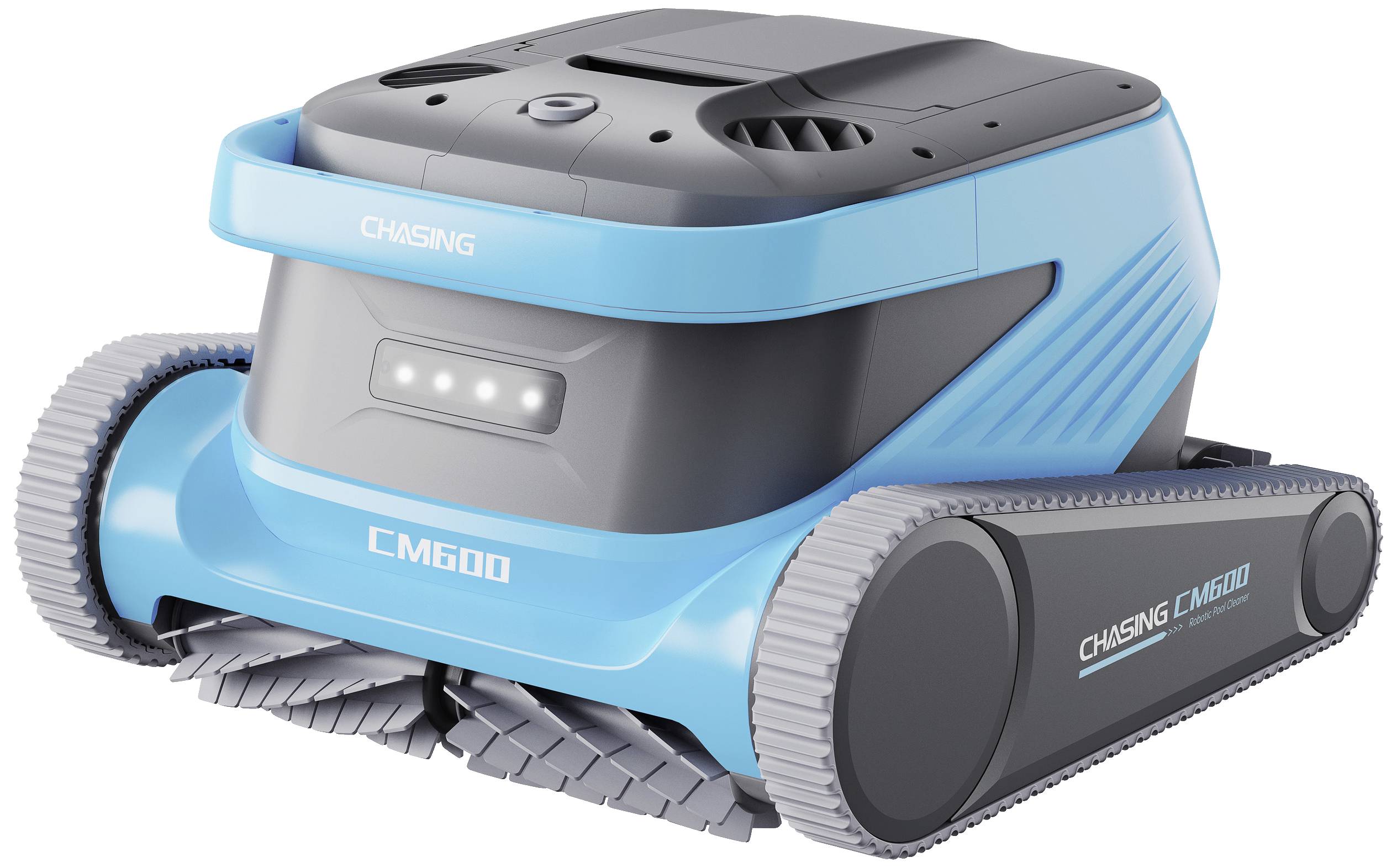 Ein blau-schwarzer Reinigungsroboter mit der Aufschrift 'CHASING CM600', ausgestattet mit Kettenantrieb und Bürstenwalzen vorne.