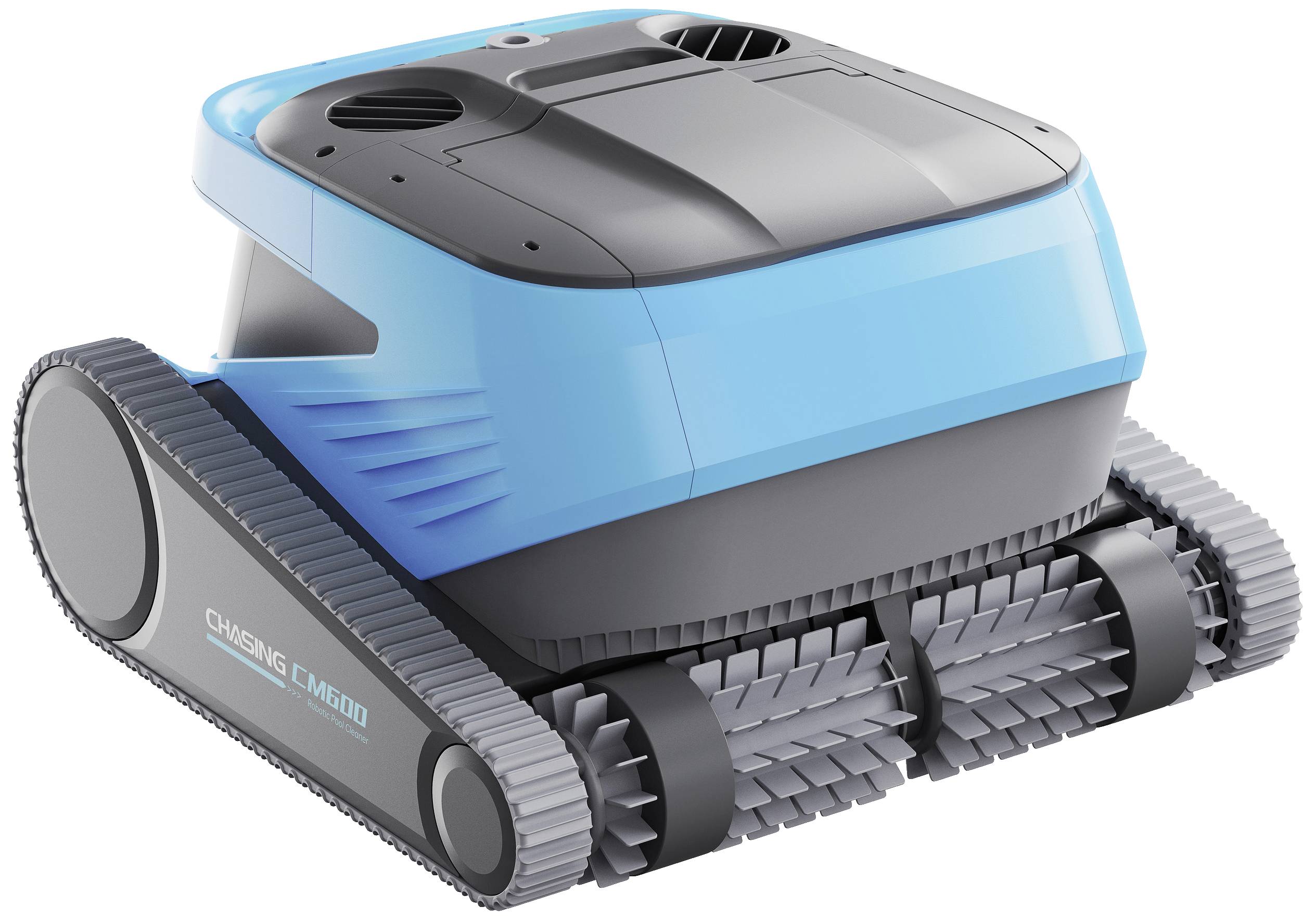 Ein blauer und grauer automatischer Poolreiniger mit Bürsten auf der Unterseite zur effizienten Reinigung von Swimmingpools.