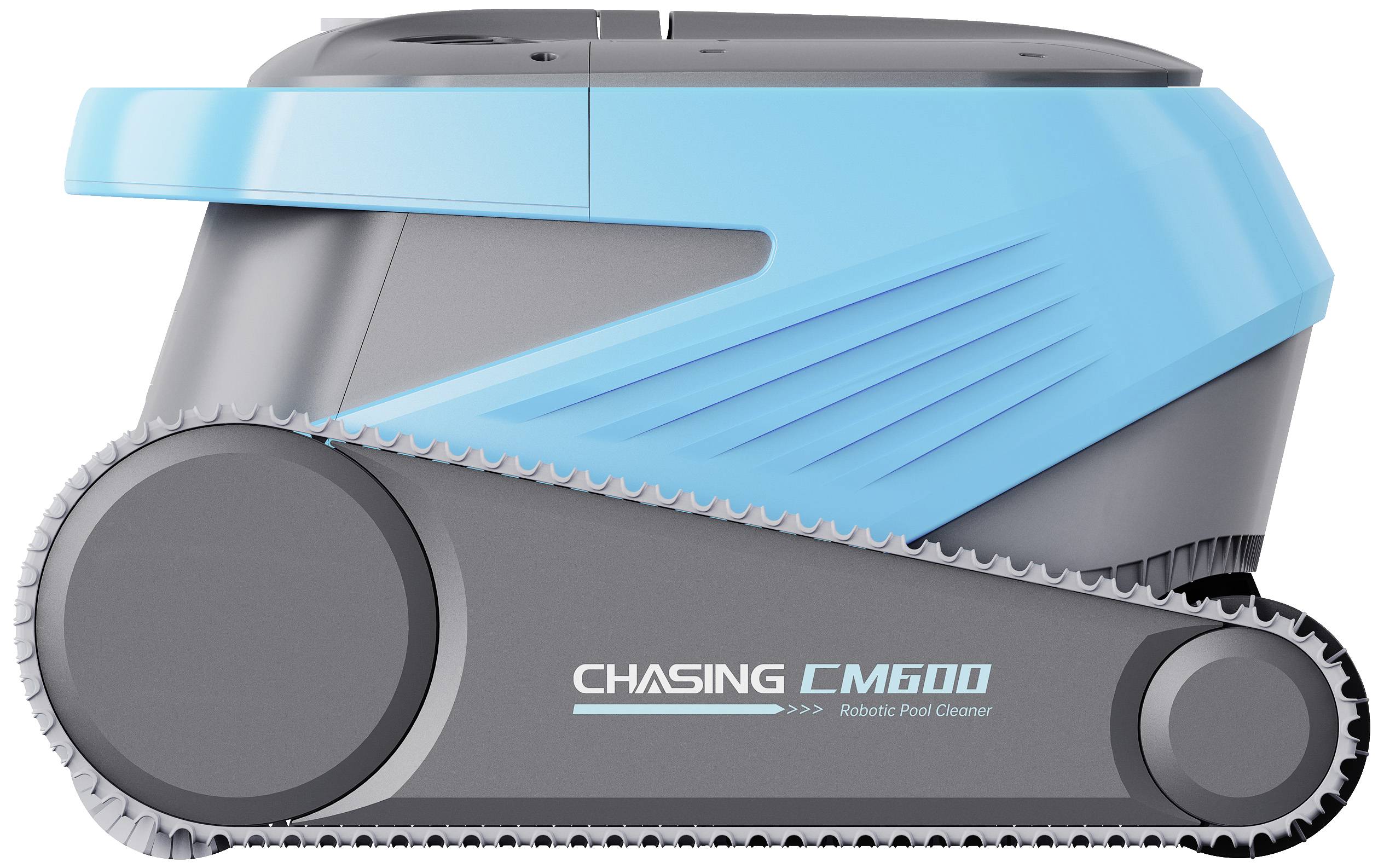 Der CM600 Pool-Reinigungsroboter von CHASING in Blau und Grau. Er hat ein kettenbetriebenes Laufwerk und ist zum Reinigen von Schwimmbecken konzipiert.