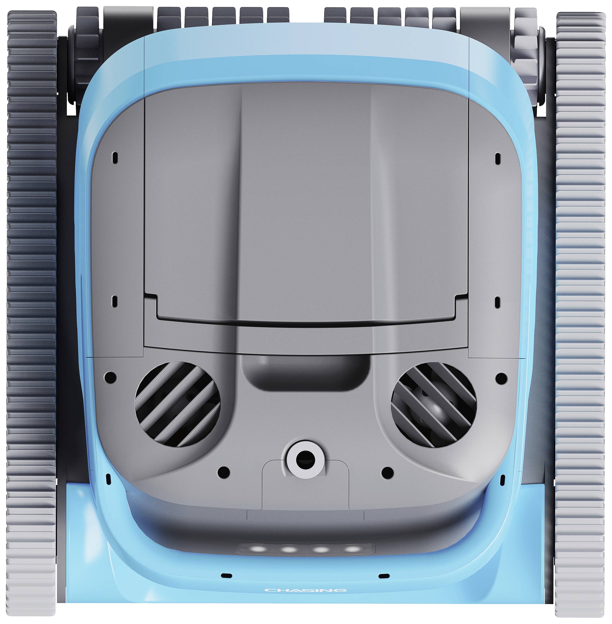 Ein blauer, rechteckiger Poolroboter mit grauen Akzenten und Kettenrädern. Entworfen für die Reinigung von Schwimmbecken.