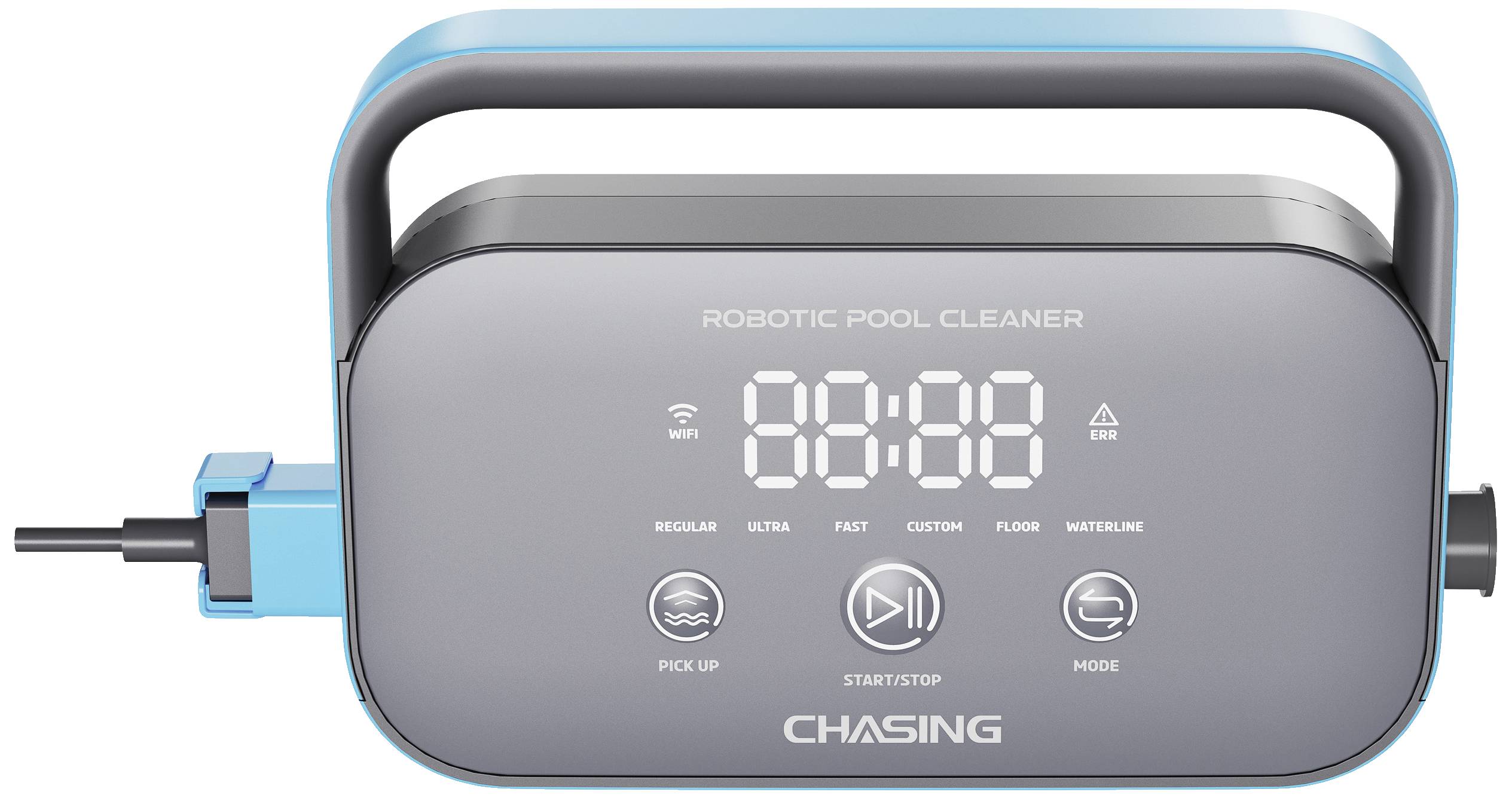 Roboter-Poolreiniger-Konsole mit digitaler Anzeige, mehreren Reinigungsmodi und Bedienelementen.