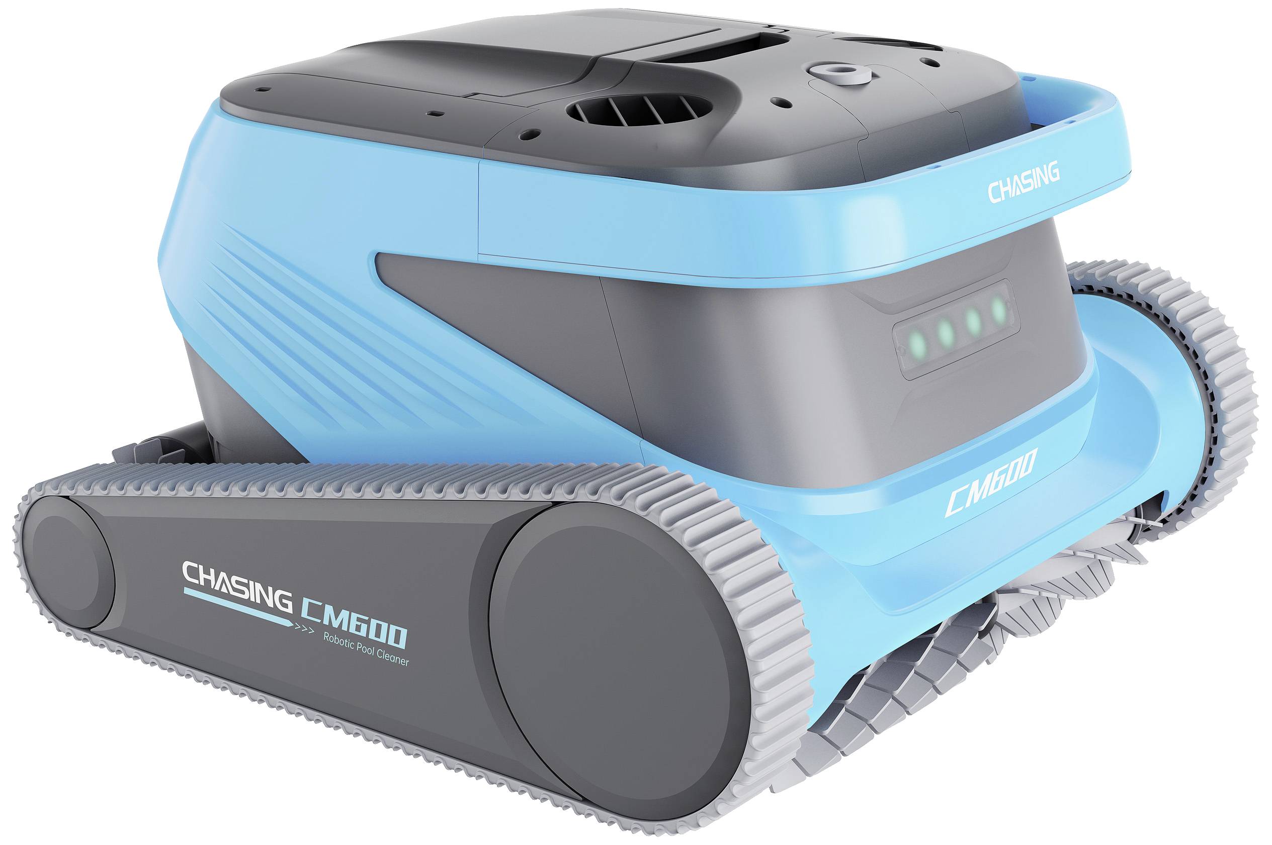 Ein blauer, robuster Reinigungsroboter mit Raupenketten, geeignet für Unterwasseranwendungen. Markiert mit 'CHASING CM600'.