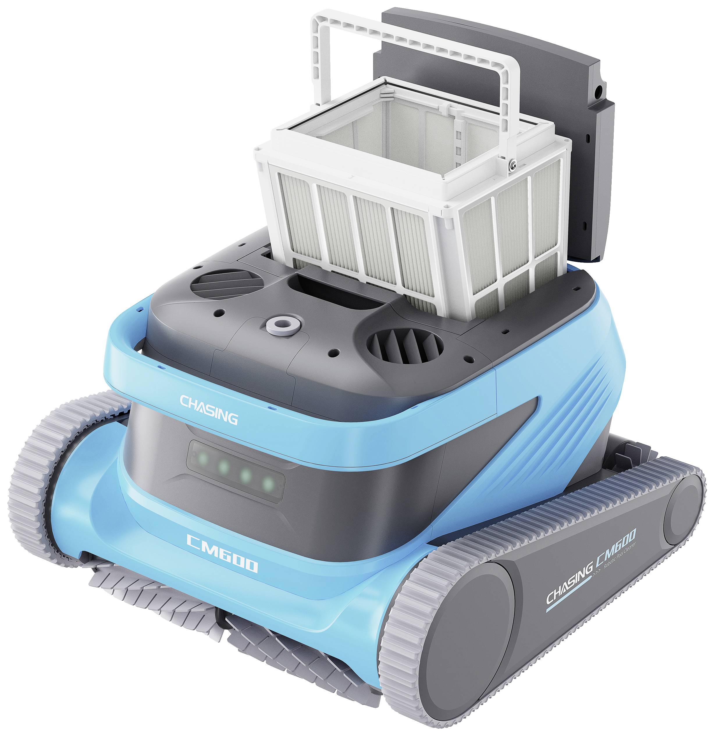 Ein roboterbetriebener Poolreiniger mit blauer und grauer Gehäusefarbe, Raupenrädern und einem entnehmbaren Filtersystem oben.