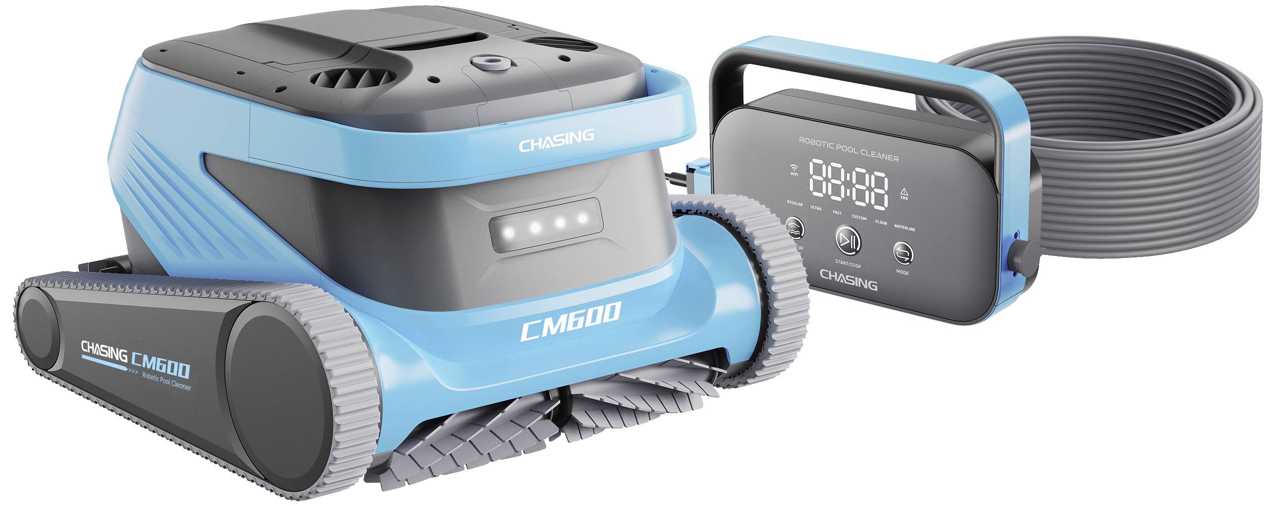 Ein blauer automatischer Poolreiniger mit Raupenrädern und digitalem Steuergerät, Modell CM600, auf weißem Hintergrund.
