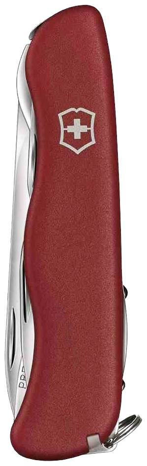 Rotes Taschenmesser mit silbernem Schweizer Kreuz auf der Schale, mehrere Werkzeuge sind im Inneren verborgen.