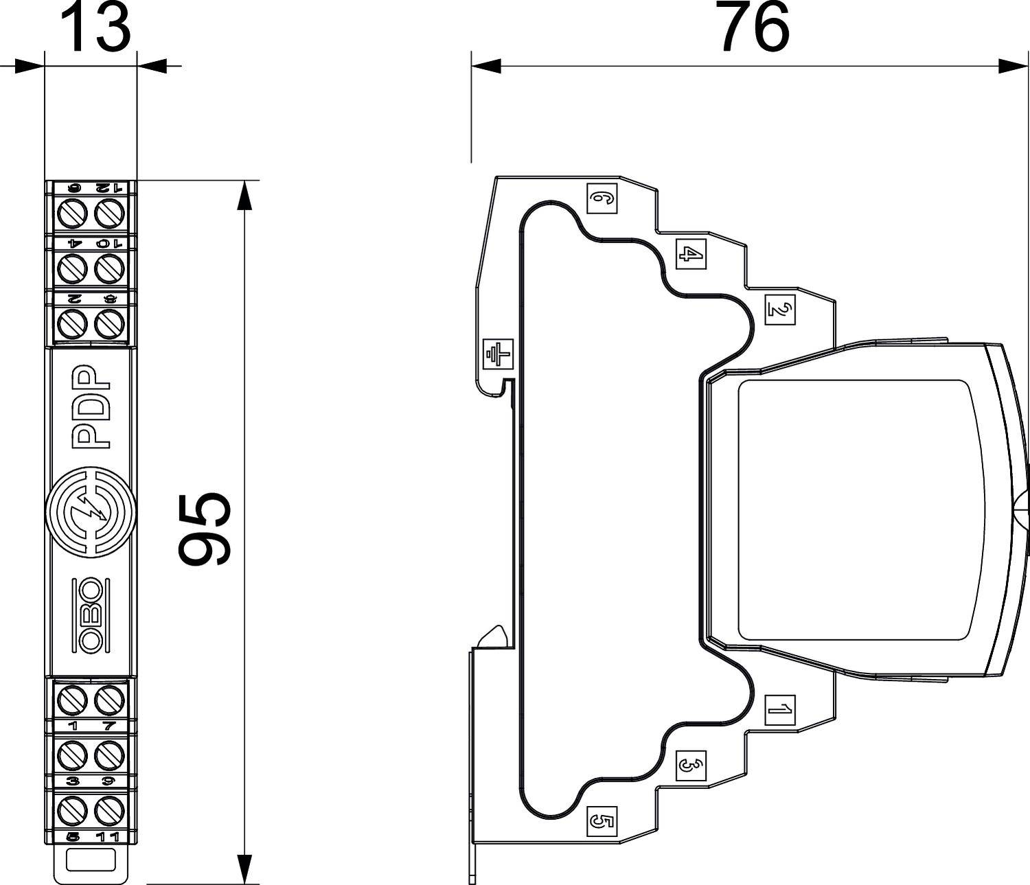 Technische Zeichnung eines elektronischen Bauelements mit Seiten- und Draufsicht. Abmessungen sind 13 mm x 95 mm und 76 mm Tiefe.