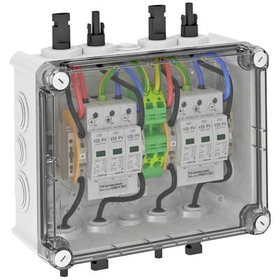 Ein transparenter Elektrokasten zeigt drei parallel geschaltete Sicherungen mit farbigen Kabeln. Jede Sicherung ist mit 'V20 PV' gekennzeichnet.